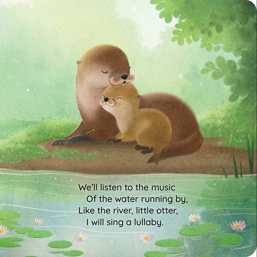 Illustration of a mother otter and her baby by a river with text.