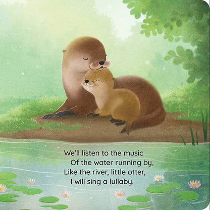 Illustration of a mother otter and her baby by a river with text.