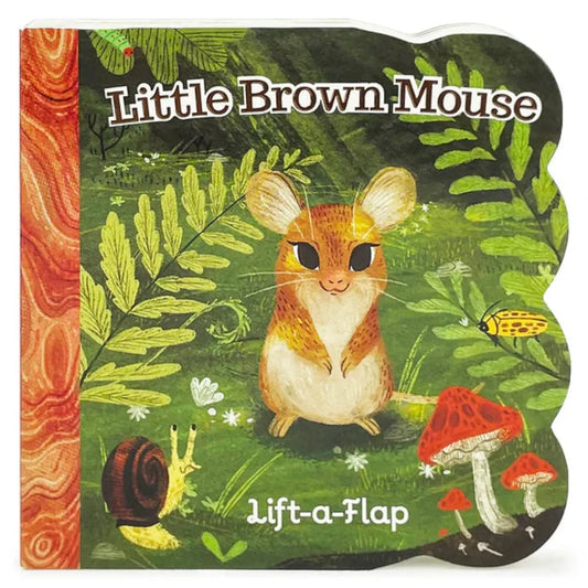 Brown mouse in a green garden scene with multi-colored mushrooms and insects on a board book