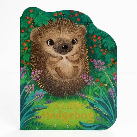 Multi-colored board book with a brown hedgehog in green bushes