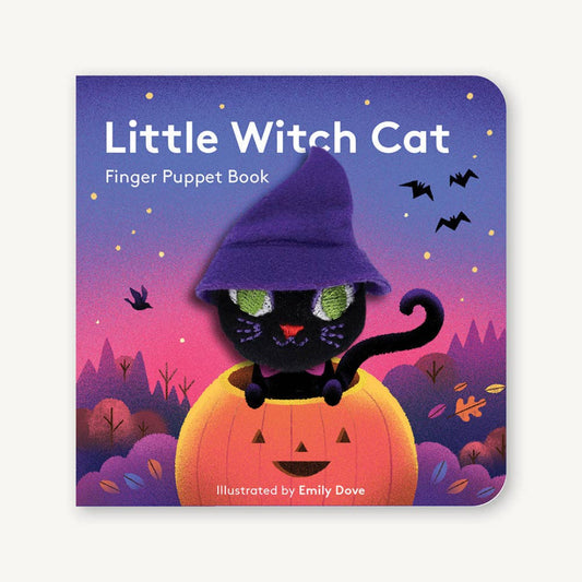 a little finger puppet book with a witch cat in a pumpkin on the cover