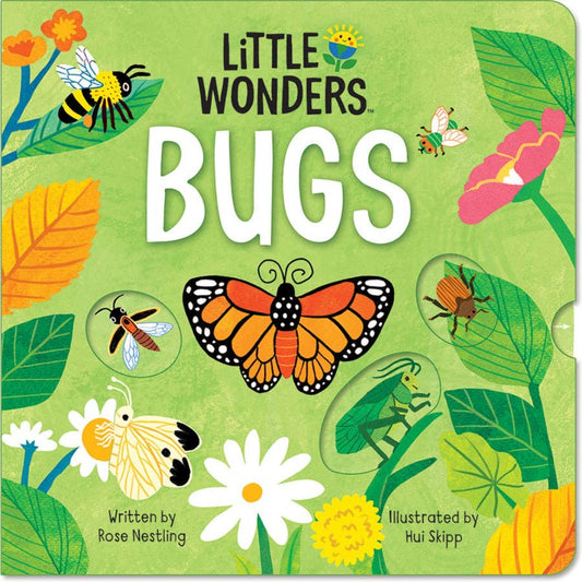 Green book with bugs including butterfly, cricket, bee, and beetle
