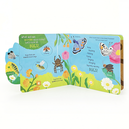 Opened book showing colorful bugs and facts about them.