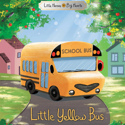 Hardcover book called little yellow bus with a school bus on the cover driving past houses