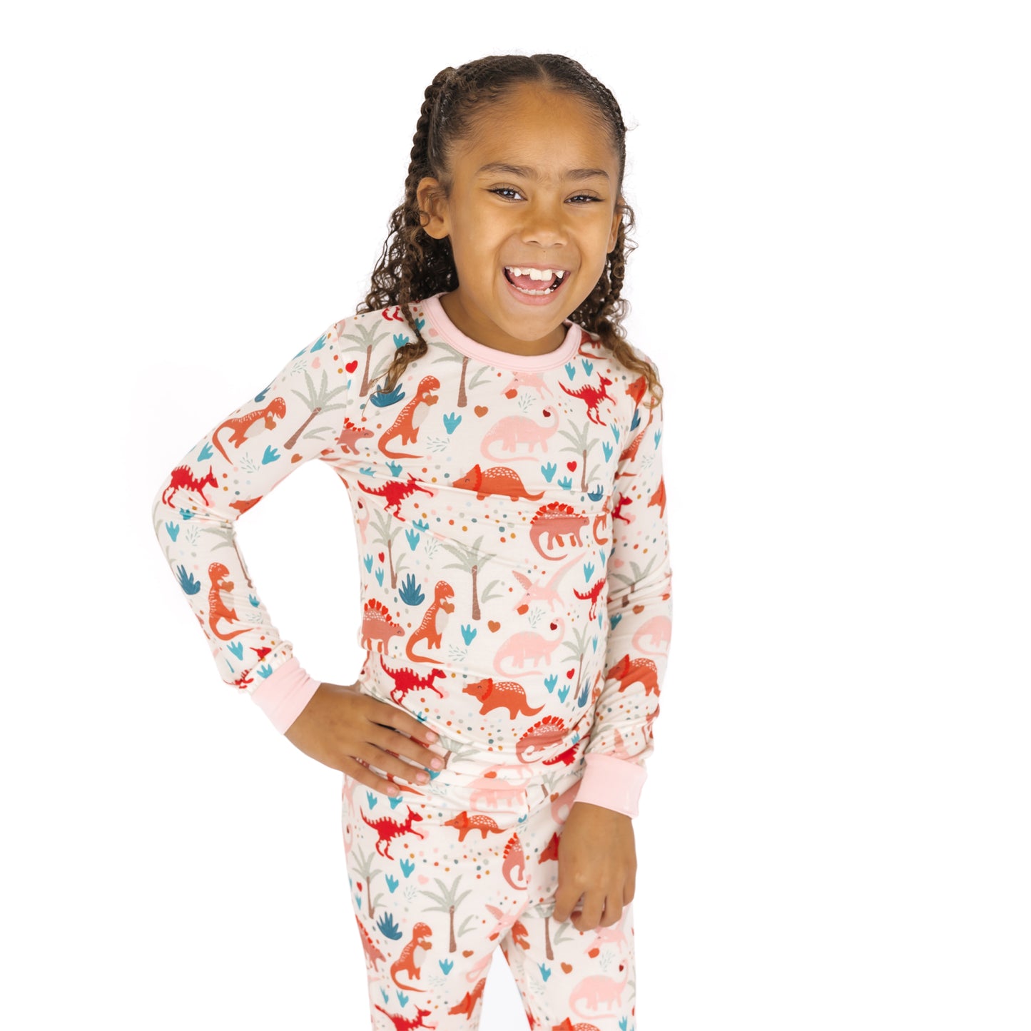 Lovasaurus Pink Valentine’s Day dinosaur print pattern on bamboo fabric.