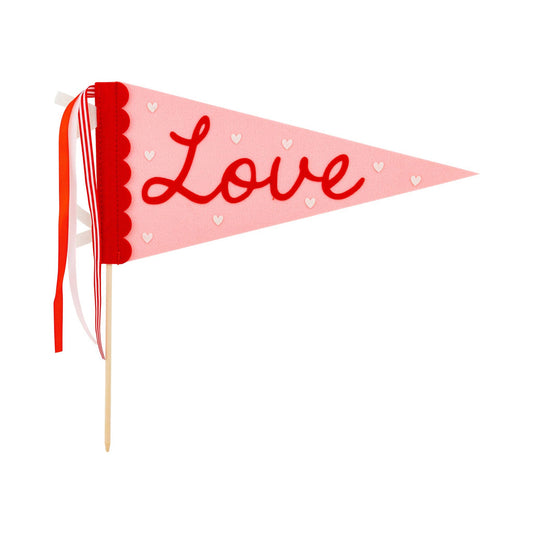 Pink pennant flag with 'Love' text on a white background