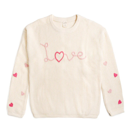 Natural knit sweater with pink heart details and Love hand embroidered across the front.