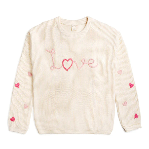 Natural knit sweater with pink heart details and Love hand embroidered across the front.