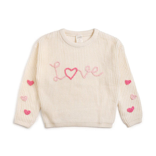 Kids natural knit sweater with pink Love embroidery and heart details.