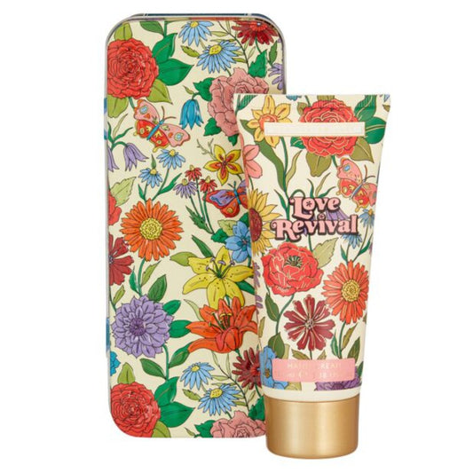 Multi-colored tube of hand cream and tin with flowers and butterflies