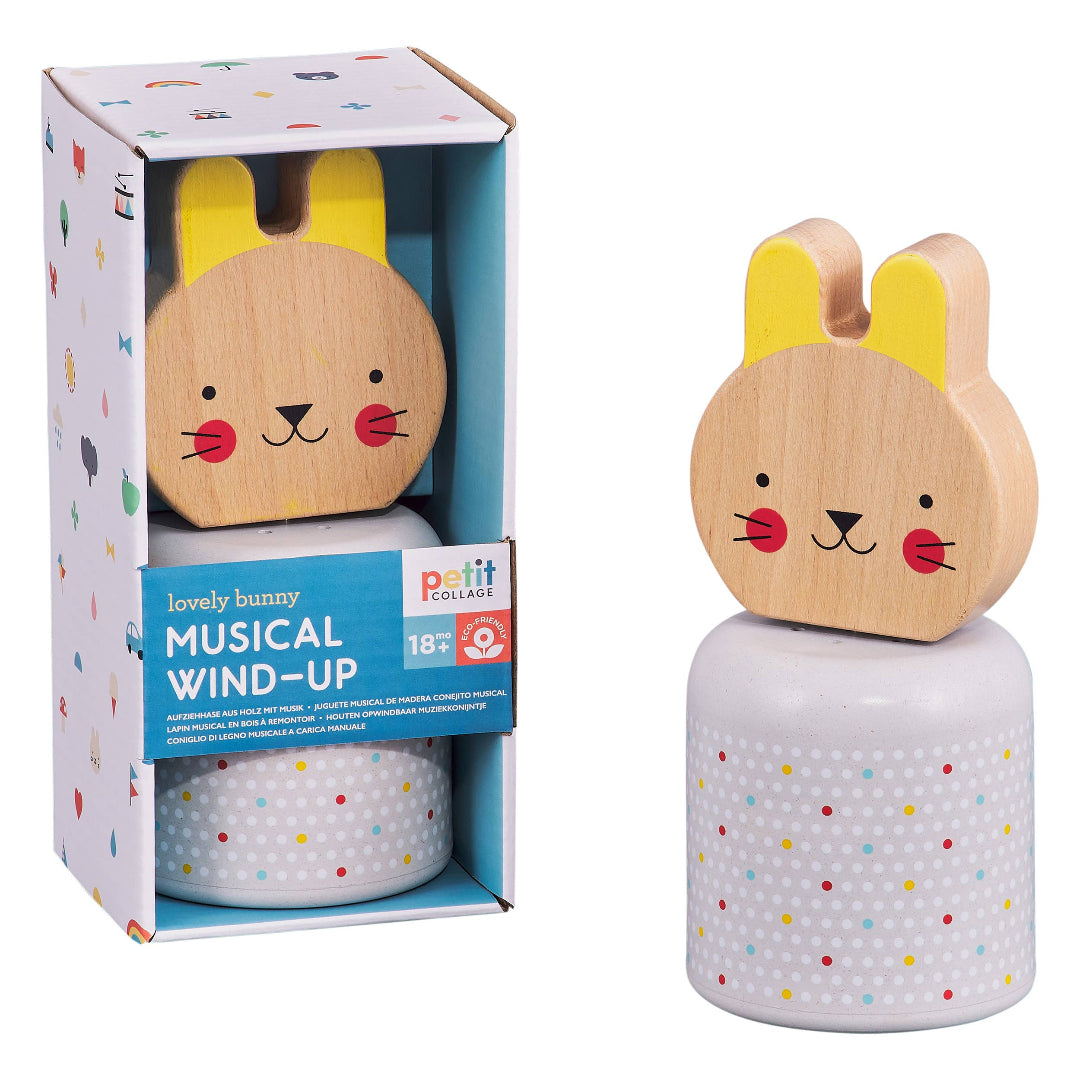 a wooden wind up bunny that plays music