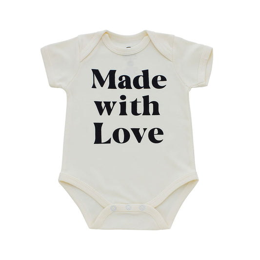 Baby bodysuit with 'Made with Love' text on a white background