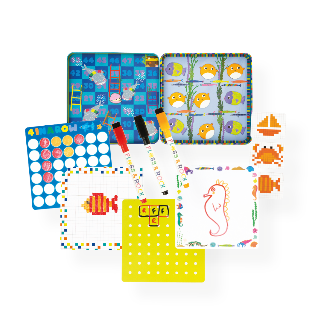 Educational children's activity set with colorful mats and markers on a white background