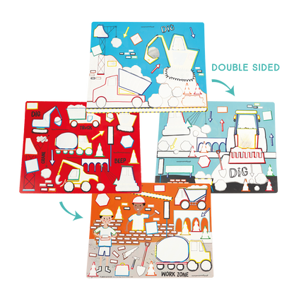 Double-sided children's play mat with construction and truck designs on a white background.