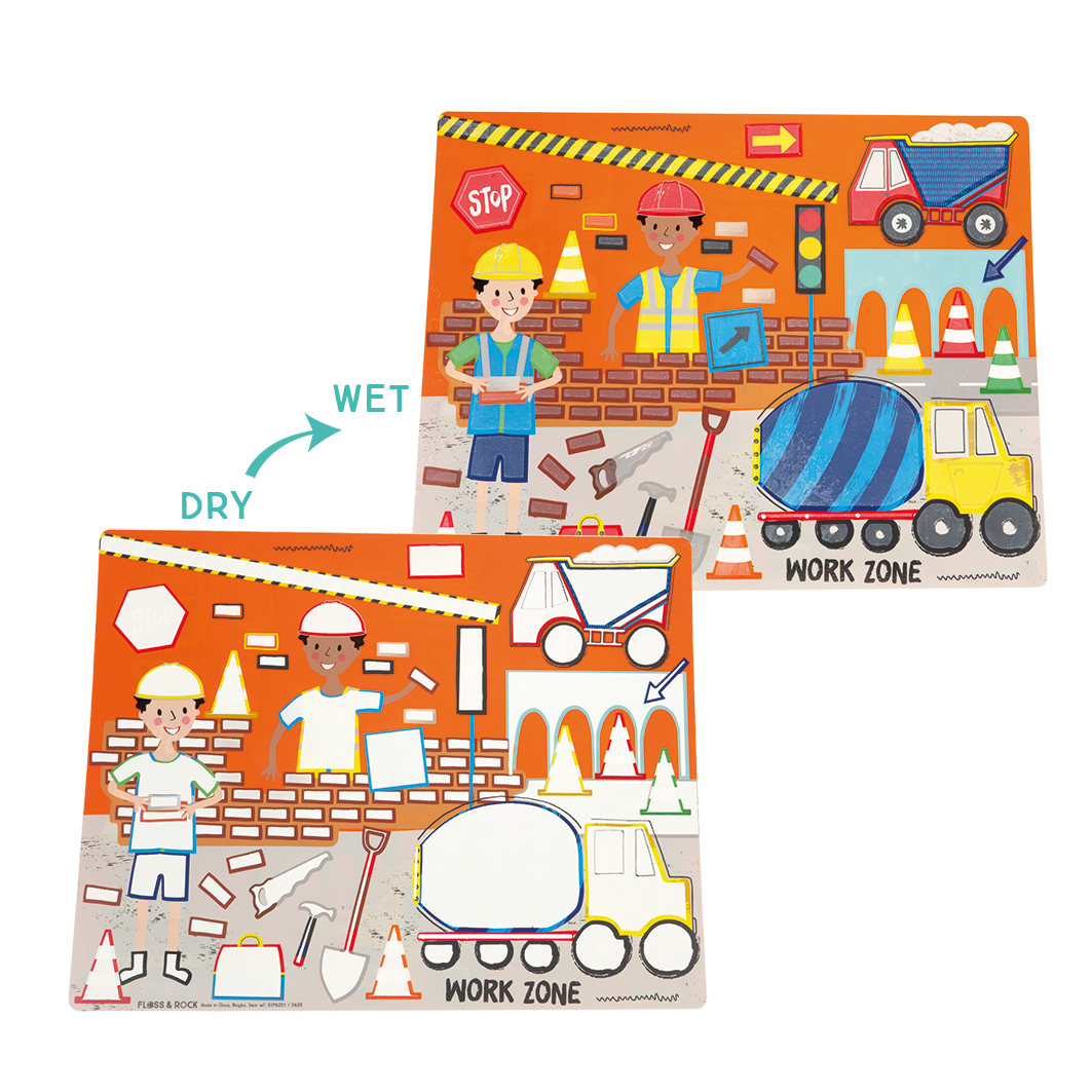 Two construction-themed educational mats with workers, trucks, and traffic cones on an orange background.