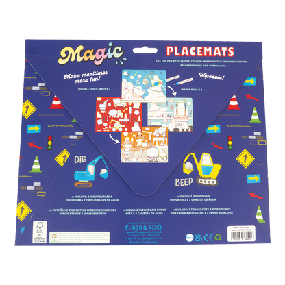 Pack of Magic Placemats with construction-themed designs on a blue background