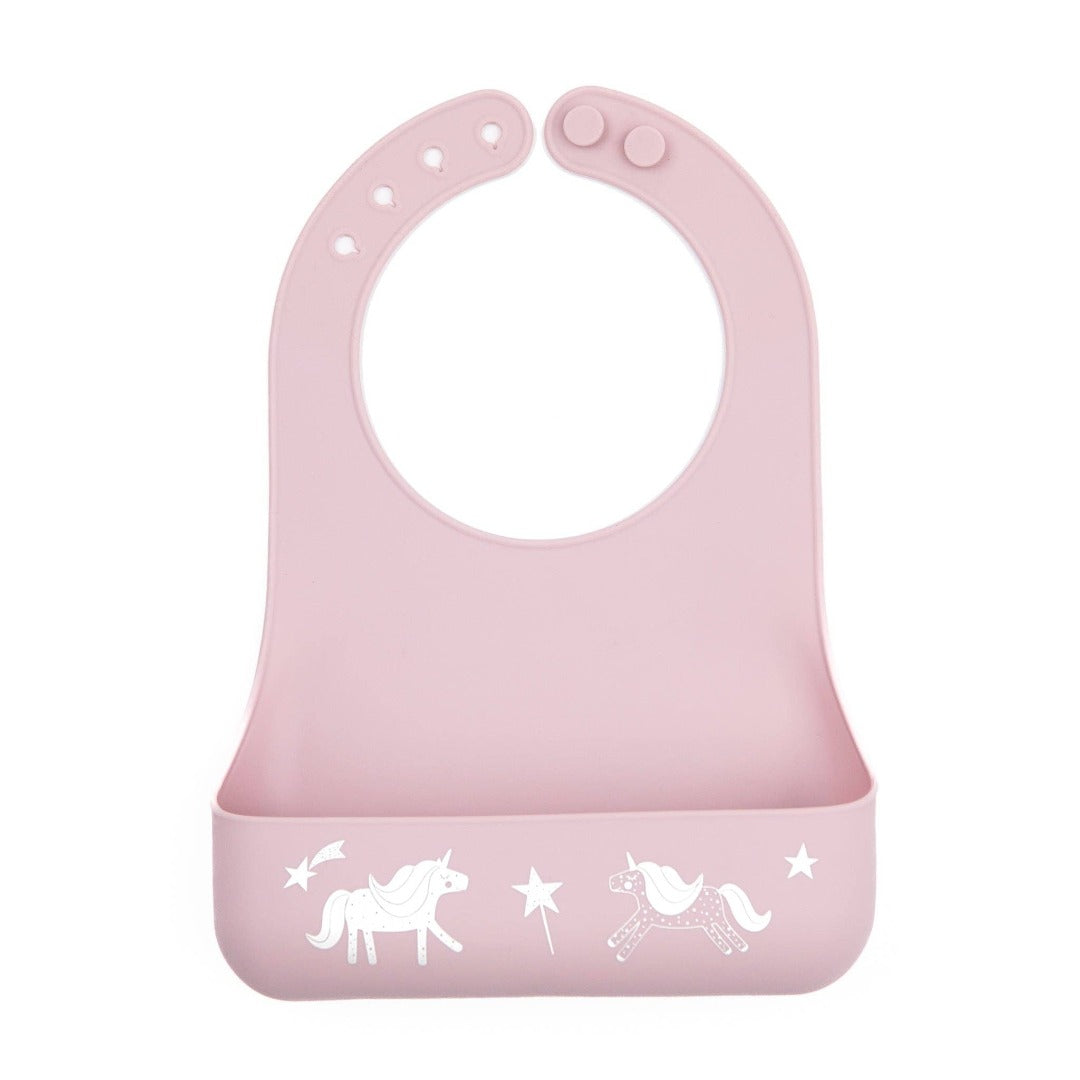 light purple silicone bib with unicorns and shooting stars on the bottom in white