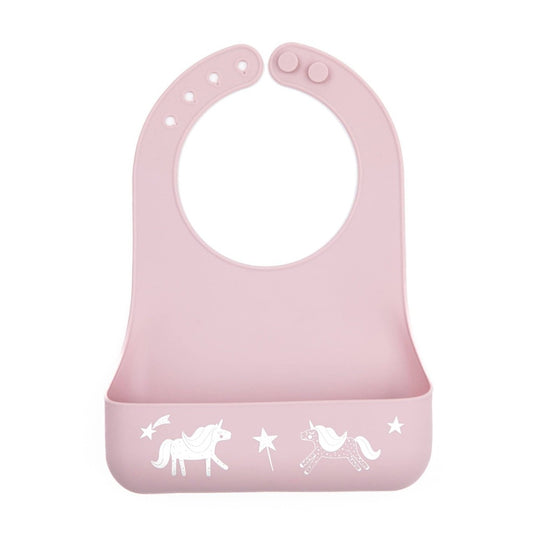 light purple silicone bib with unicorns and shooting stars on the bottom in white