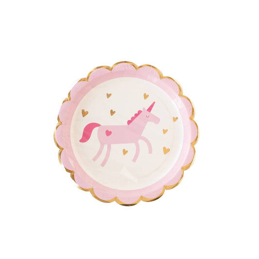 Pink paper plate with a pink unicorn and gold hearts