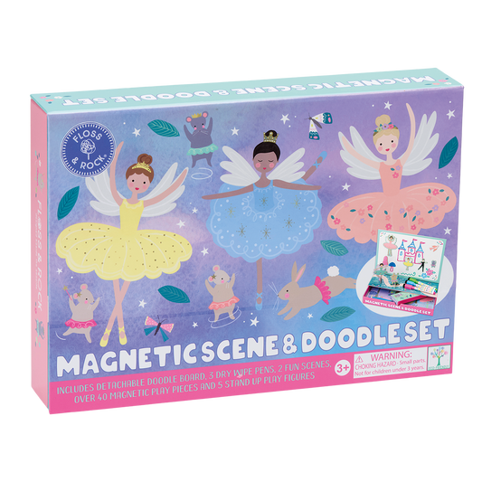 Box of a magnetic scene and doodle set with fairy characters on a purple background