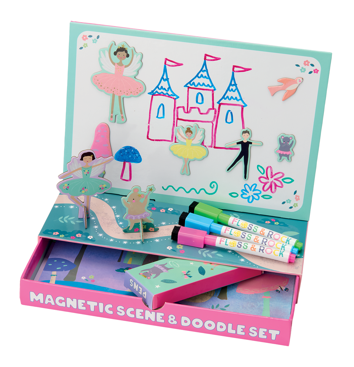 Magnetic scene and doodle set with colorful illustrations and markers on a white background