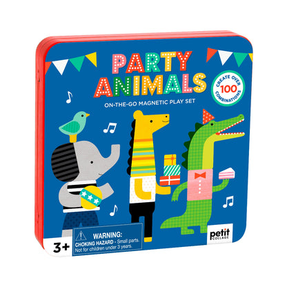 Party Animals magnetic play set packaging with colorful animals on a blue background