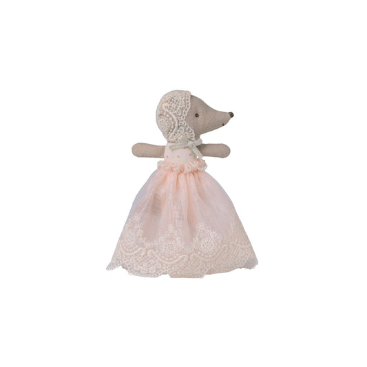 Stuffed animal toy with a lace dress on a white background