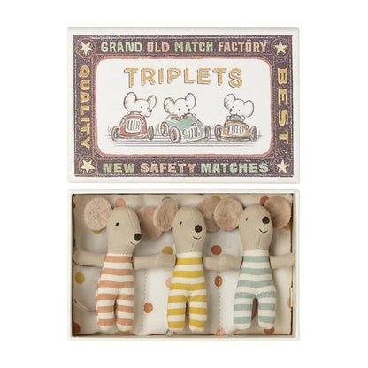 Three toy mice in a matchbox packaging with 'Grand Old Match Factory' branding.