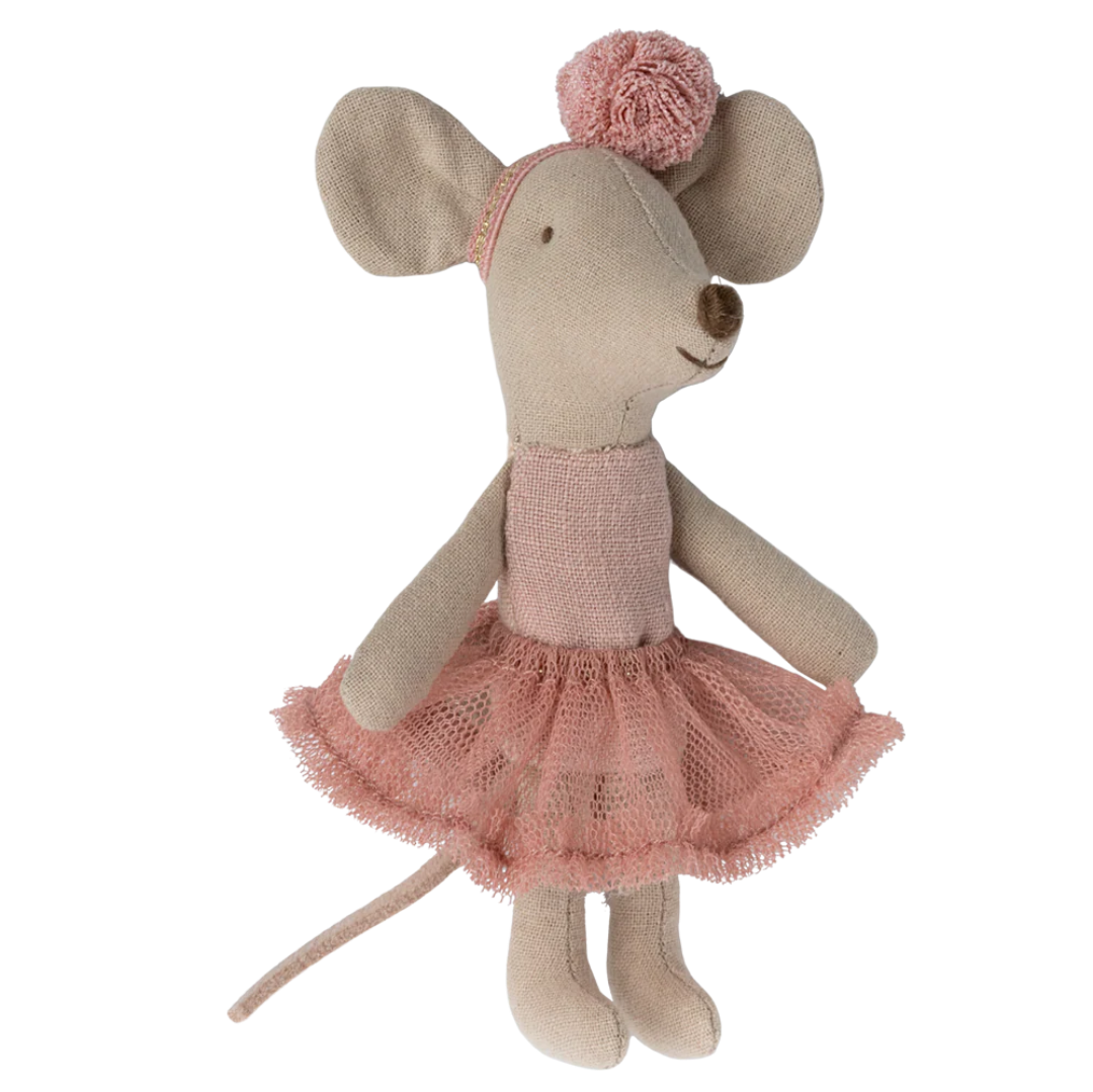 Stuffed mouse toy in a pink dress with a pom-pom on a white background