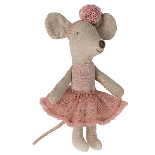 Stuffed mouse toy in a pink dress with a pom-pom on a white background