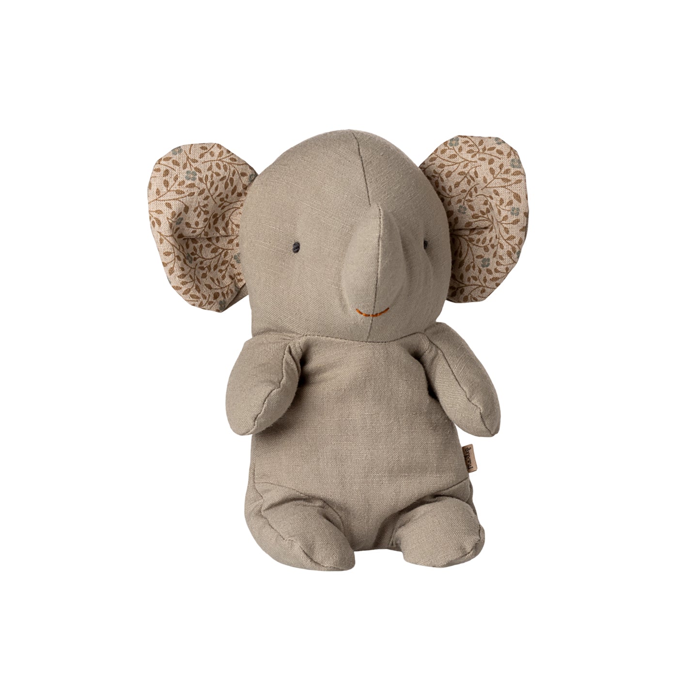 Plush elephant toy with patterned ears on a white background