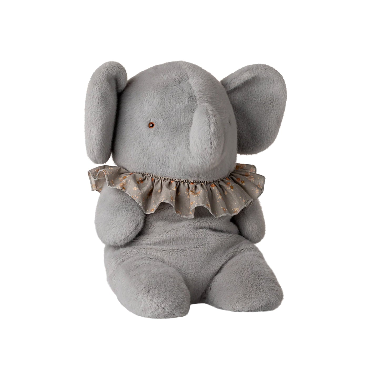 Gray plush elephant toy with a ruffled collar on a white background