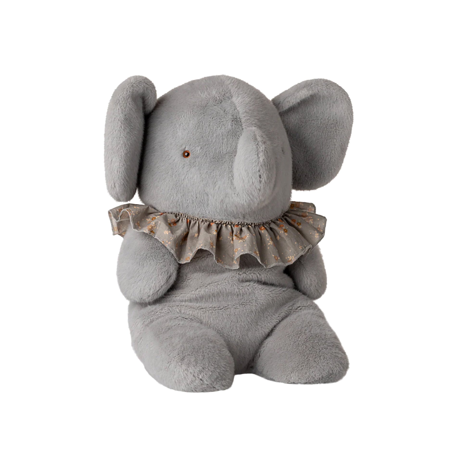 Gray plush elephant toy with a ruffled collar on a white background