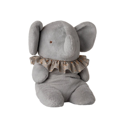 Gray plush elephant toy with a ruffled collar on a white background
