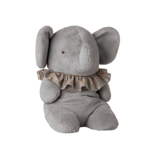 Gray plush elephant toy with a ruffled collar on a white background