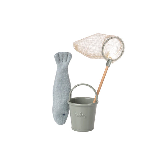 Children's toy set with a gray fish, bucket, and net on a white background