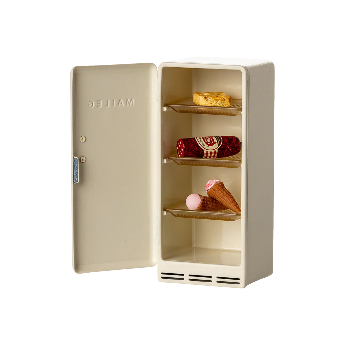 Small beige refrigerator with ice cream and donuts on a white background