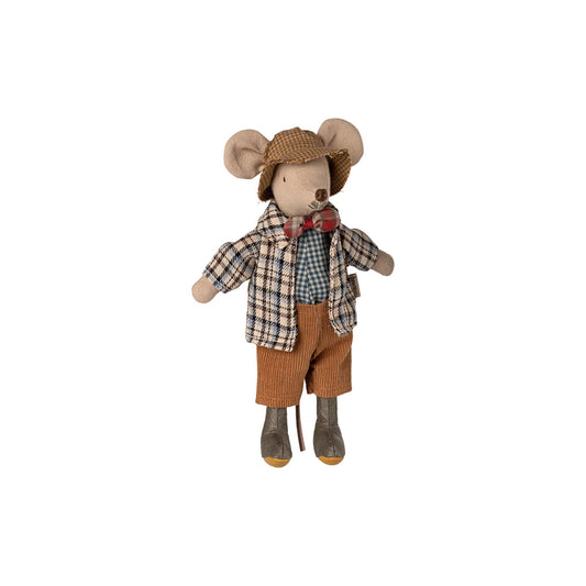 Stuffed mouse toy dressed in a plaid shirt, brown pants, and a hat on a white background