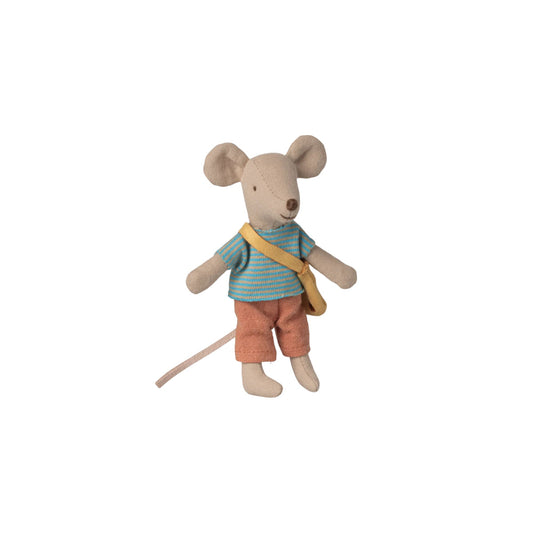 Stuffed mouse toy with a backpack on a white background