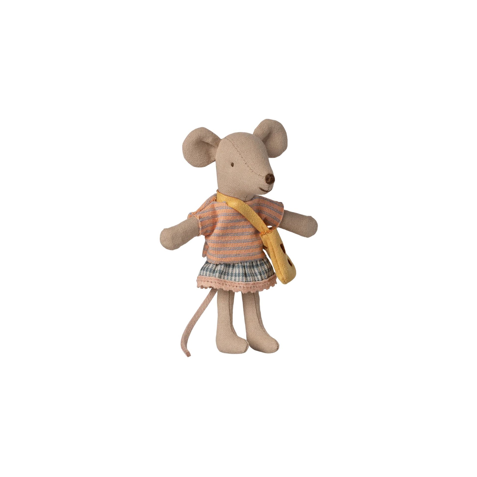 Stuffed mouse toy with a striped sweater and yellow bag on a white background