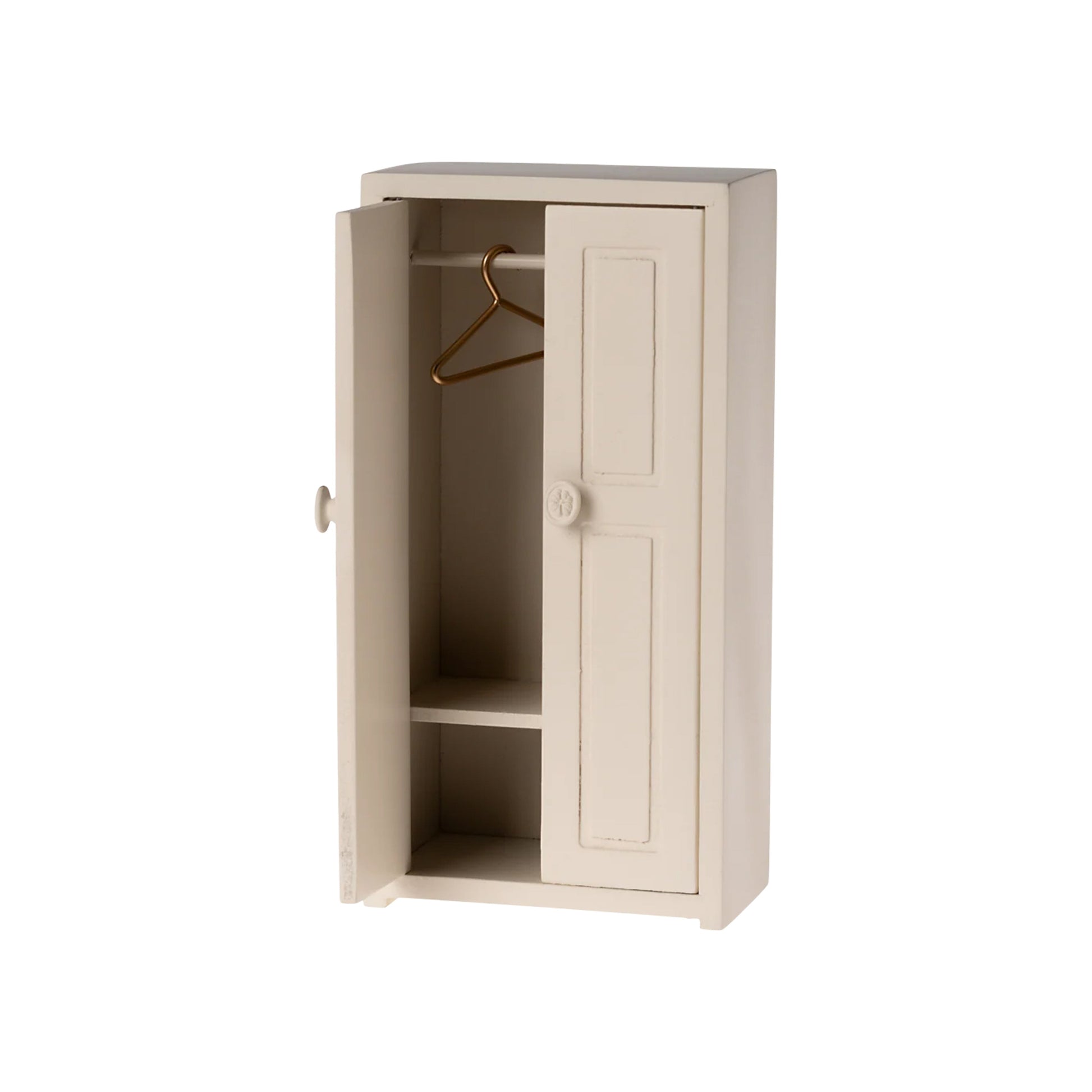 Beige wardrobe with open door on a white background