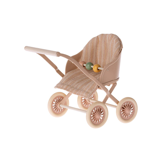 Beige toy pram with a rattle on a white background