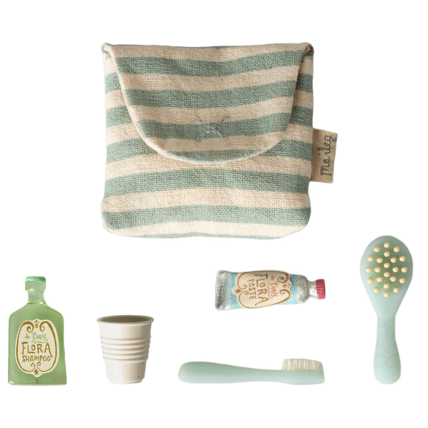 Collection of baby care products including a striped pouch, bottle, cup, and brush on a white background.