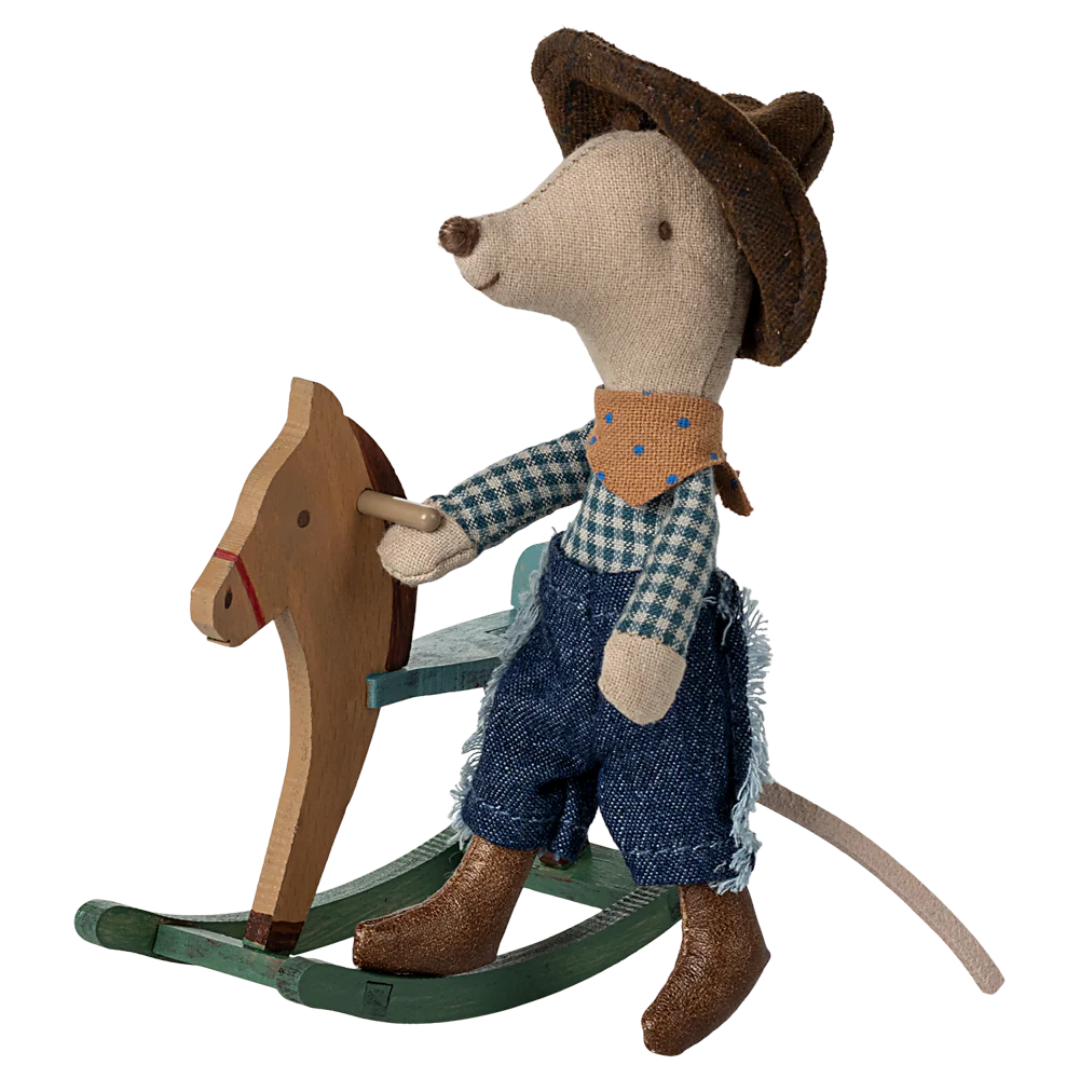 Maileg Little Brother Cowboy Mouse on Rocking Horse