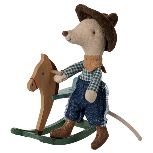 Maileg Little Brother Cowboy Mouse on Rocking Horse
