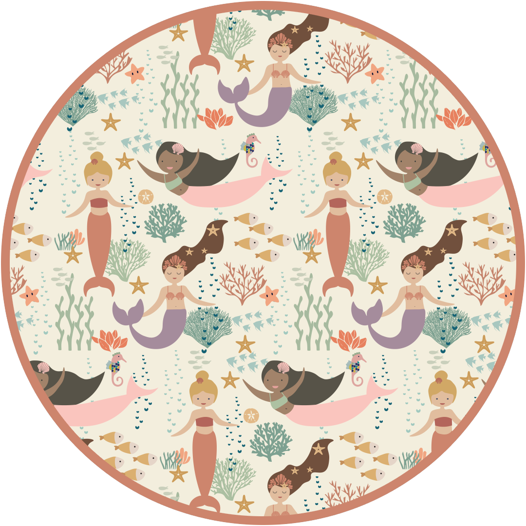 the "making waves" print has a diverse spread of mermaids, sea coral, starfish, fish, and bubbles all spread out in different colors. this is all put on a beige background.