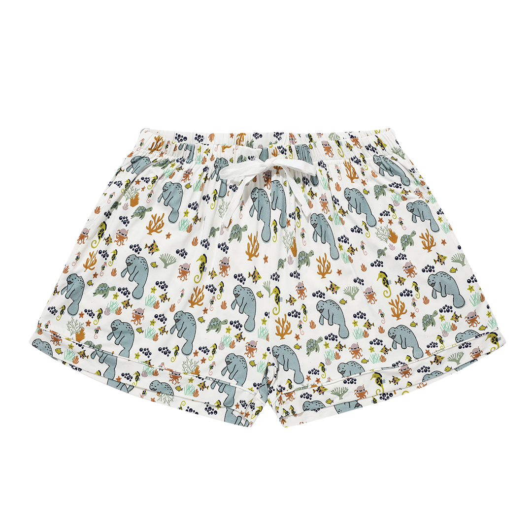 Emerson and Friends Manatee Women's Bamboo Lounge Shorts, featuring a soft and breathable ocean-inspired print with playful manatees, sea turtles, coral, and tropical plants, perfect for cozy loungewear.