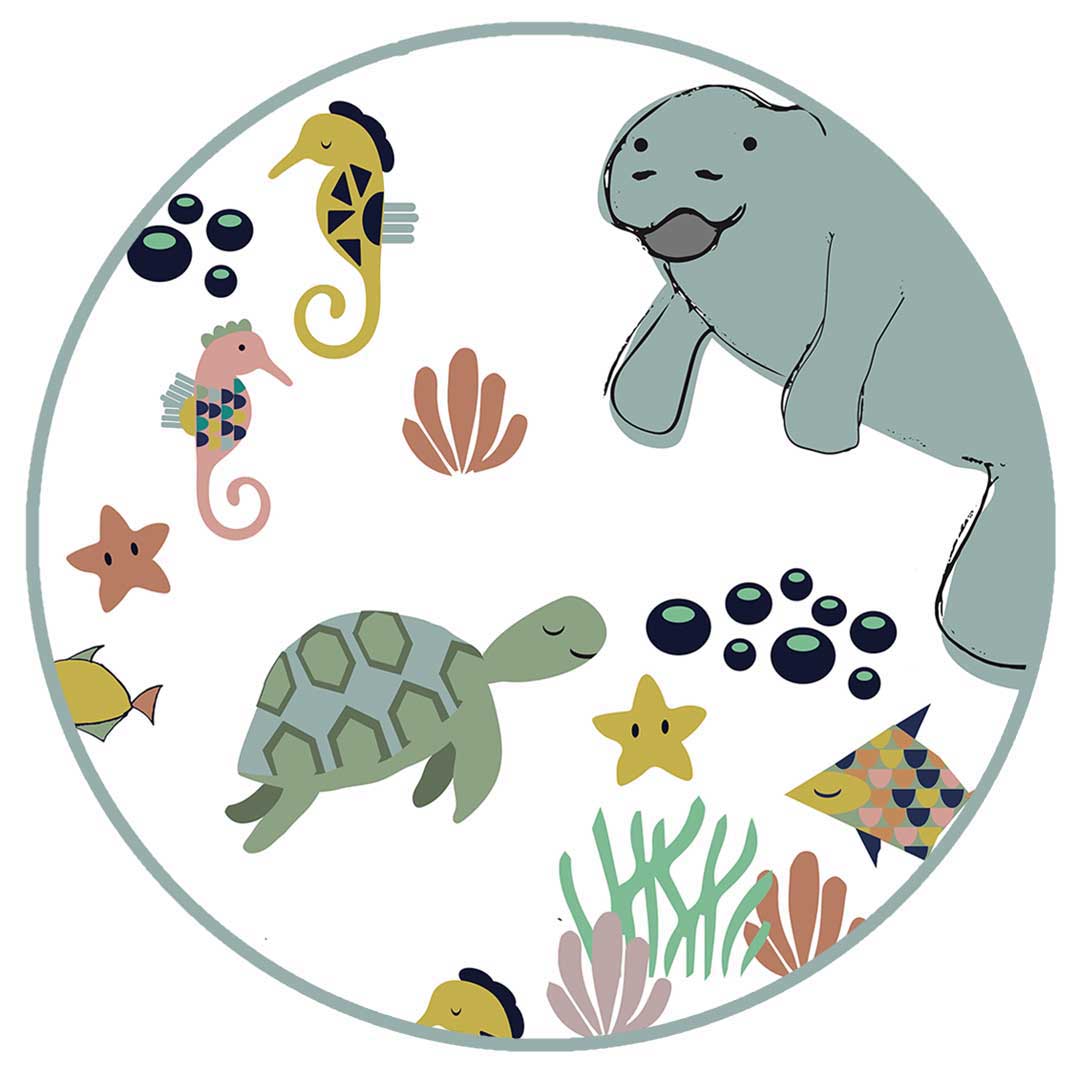 Emerson and Friends Manatee Ocean Print, featuring a whimsical underwater scene with playful manatees, sea turtles, seahorses, starfish, and coral in a soft pastel color palette.