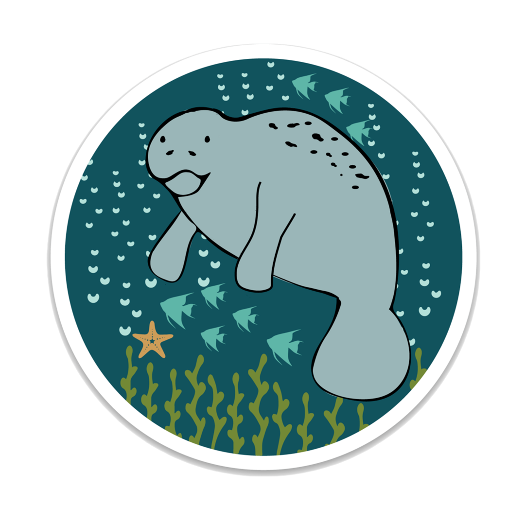 a manatee is centered in the middle of a blue sticker. the manatee is surrounded by sea life that includes starfish, fish, and seaweed. you can also see bubbles. 