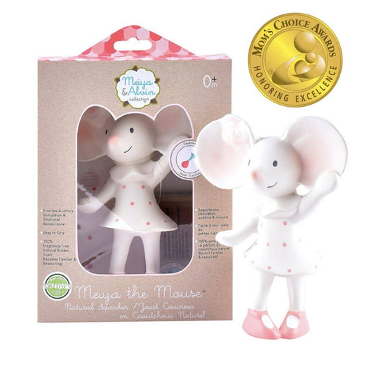 White mouse squeaker figure, inside and outside a brown package, and a gold seal of approval
